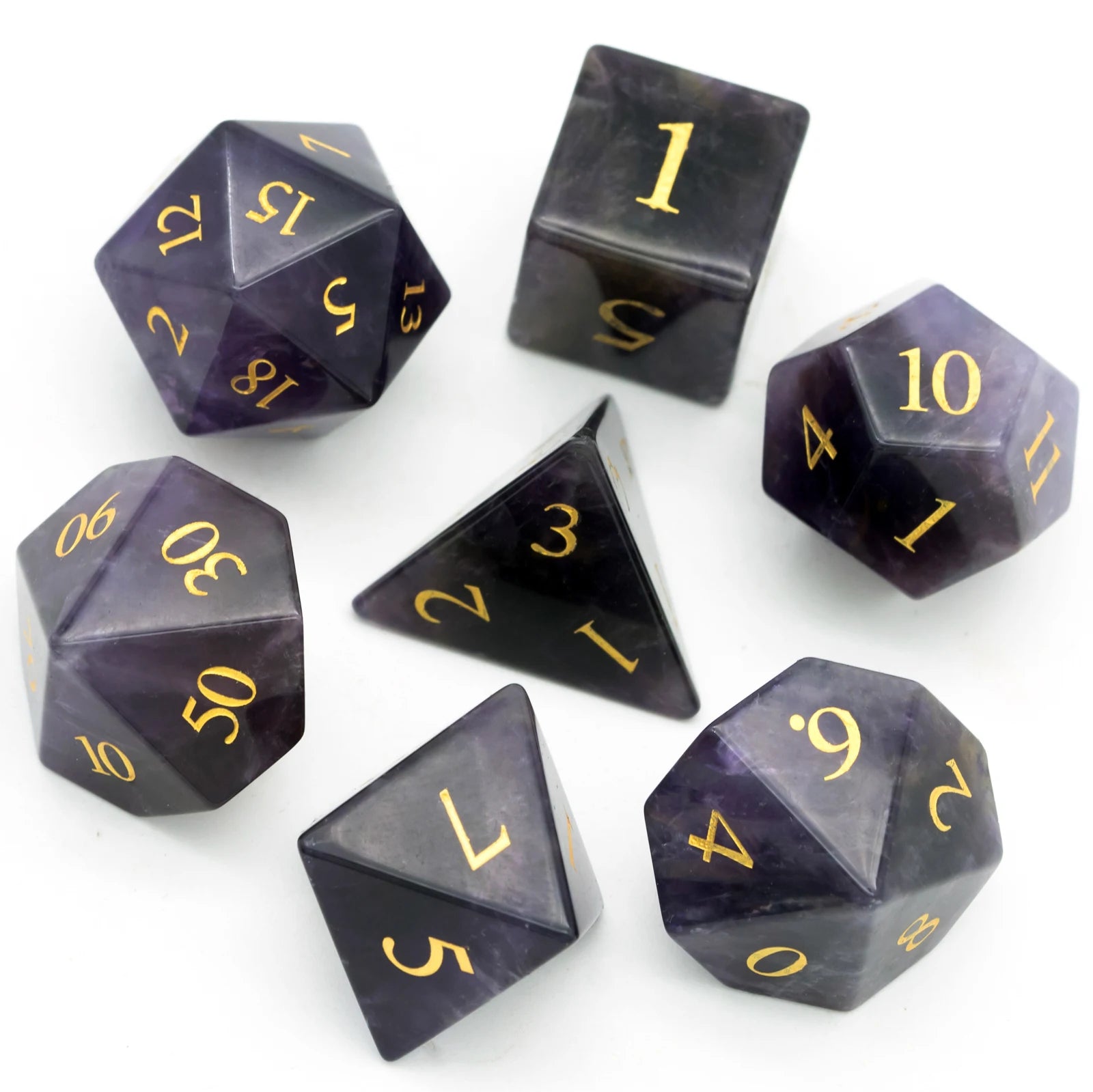 Cusdie Handmade Amethyst Dice 7Pcs 16mm Polyhedral Stone Dice Set with Leather Box Gemstone D&D Dices for Collection RPG - The Adventurer's Chest