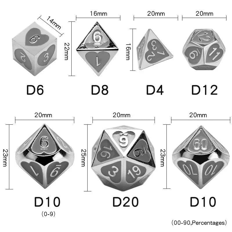 7pcs/set Metal Dice With Black Drawstring Bag D4 D6 D8 D10 D% D12 D20 Polyhedral TRPG DND Board Game Entertainment Dice BC0265 - The Adventurer's Chest