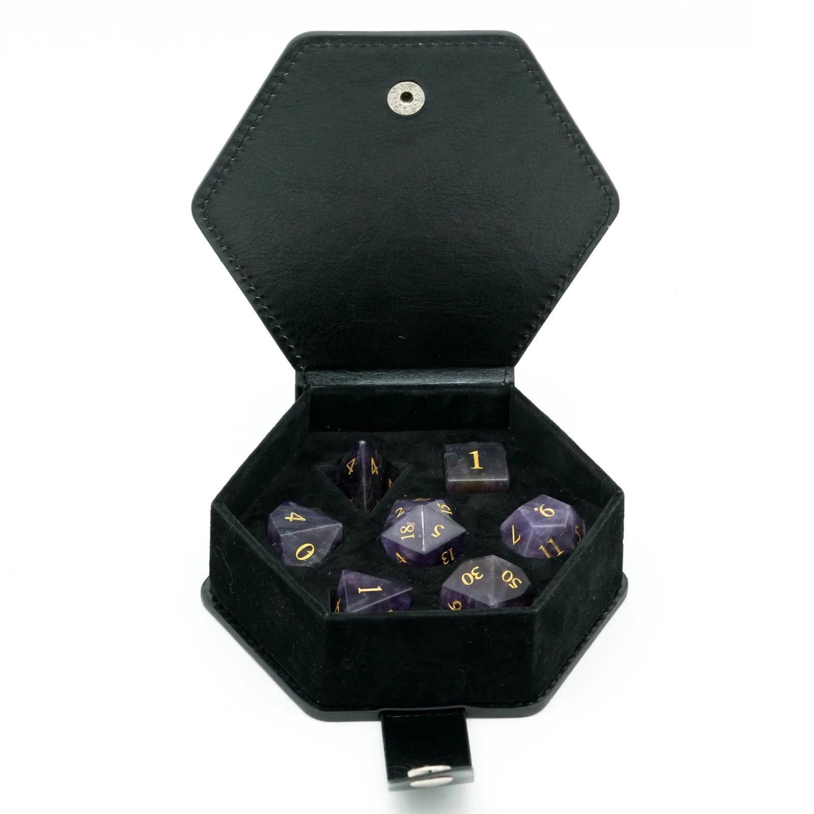 Cusdie Handmade Amethyst Dice 7Pcs 16mm Polyhedral Stone Dice Set with Leather Box Gemstone D&D Dices for Collection RPG - The Adventurer's Chest