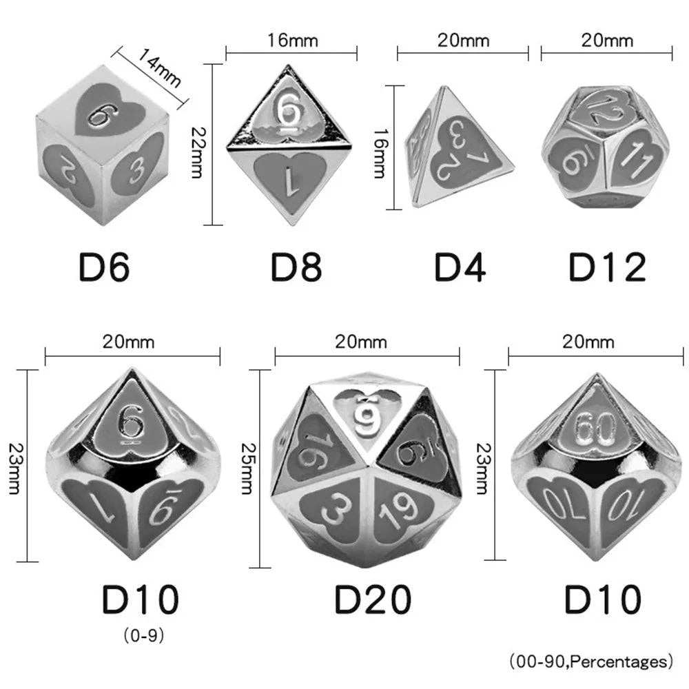 7pcs/set Metal Dice With Black Drawstring Bag D4 D6 D8 D10 D% D12 D20 Polyhedral TRPG DND Board Game Entertainment Dice BC0265 - The Adventurer's Chest