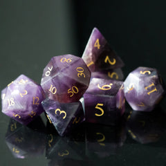 Cusdie Handmade Amethyst Dice 7Pcs 16mm Polyhedral Stone Dice Set with Leather Box Gemstone D&D Dices for Collection RPG - The Adventurer's Chest