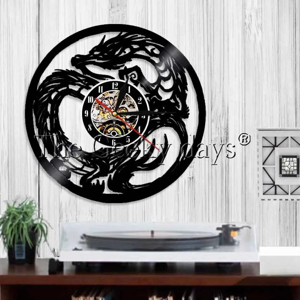 Illuminated Dragon Vinyl Record Wall Art with LED Clock and Remote Control