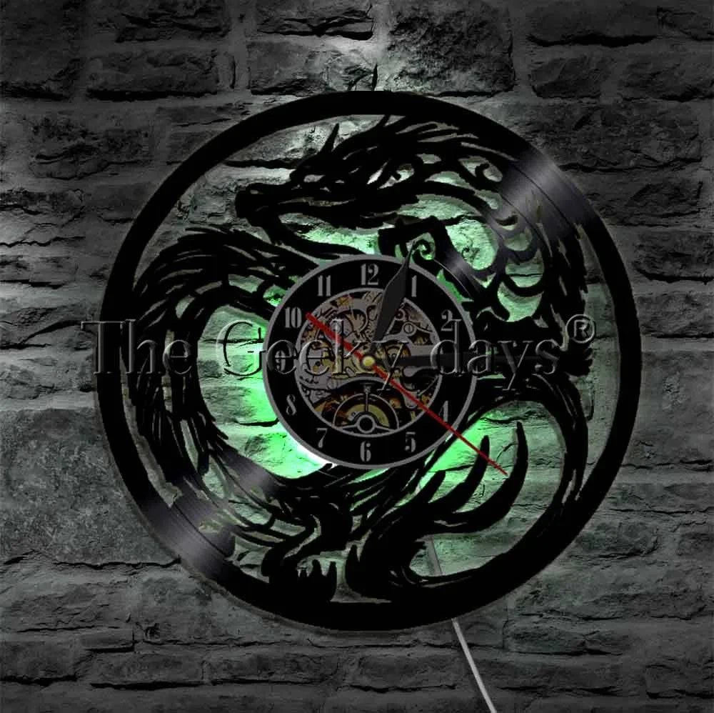 Illuminated Dragon Vinyl Record Wall Art with LED Clock and Remote Control