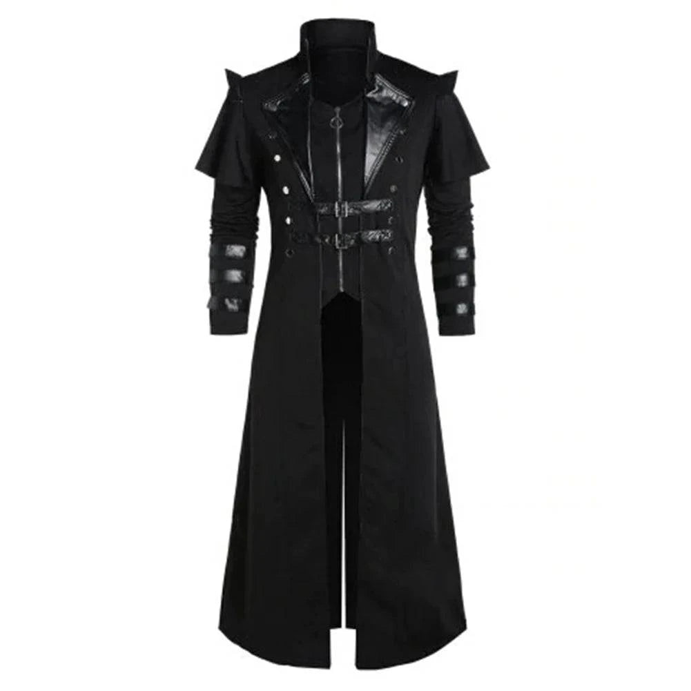 Gothic Steampunk Long Jacket for Men - Medieval Fantasy Coat for Cosplay, Halloween, and Carnival Parties