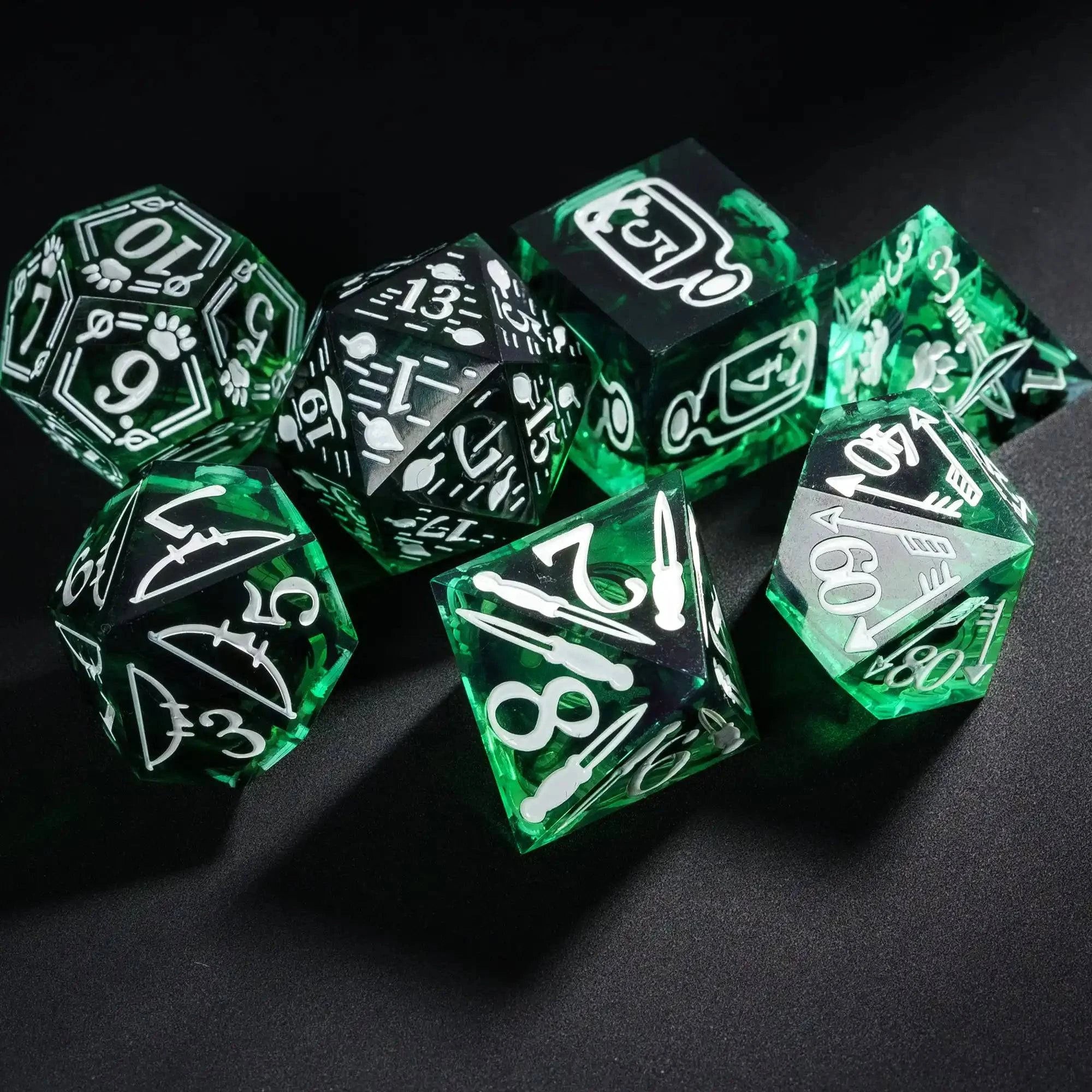 CRITALLIC-Handcrafted Polyhedral Games Dice Set, Sharp Edges, D & D Dice, Ranger Design, Pathfinder Role Playing Game, New, 7Pcs - The Adventurer's Chest