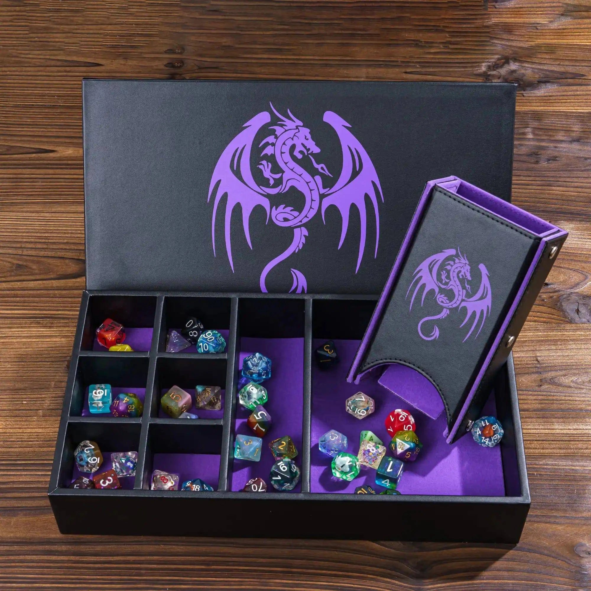 Premium 3-in-1 Dragon Dice Holder: Leather Dice Case, Rolling Tray, and Tower for D&D & RPG Enthusiasts