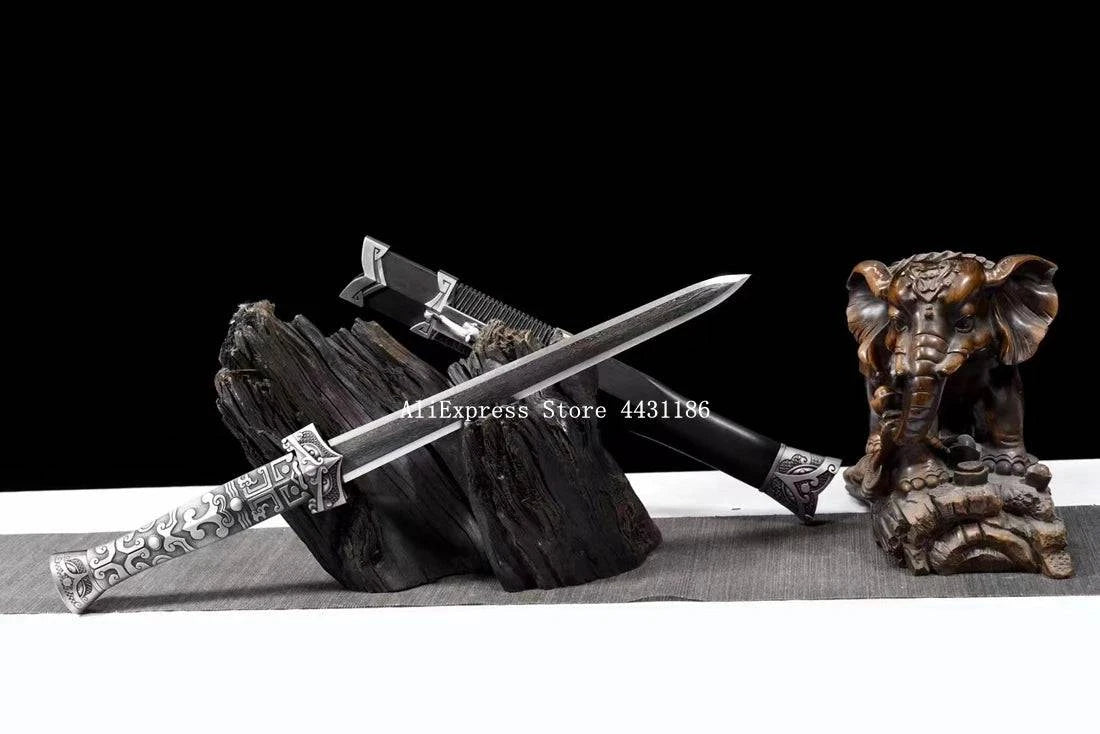 Damascus Steel Short Jian Dagger with Metal Handle and Ebony Wood Sheath - Battle Ready Kung Fu Sword from Han Dynasty