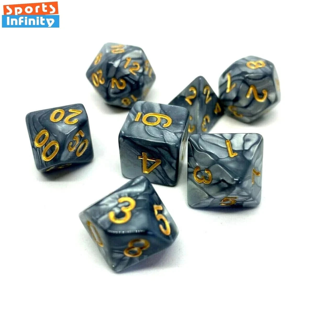 7 Pcs Dices Set Gray Grey Gold Digital Games Dice 16 18 20mm Numbers of D4 D6 D8 D10 D% D12 D20 Polyhedral for DND Playing TRPG - The Adventurer's Chest