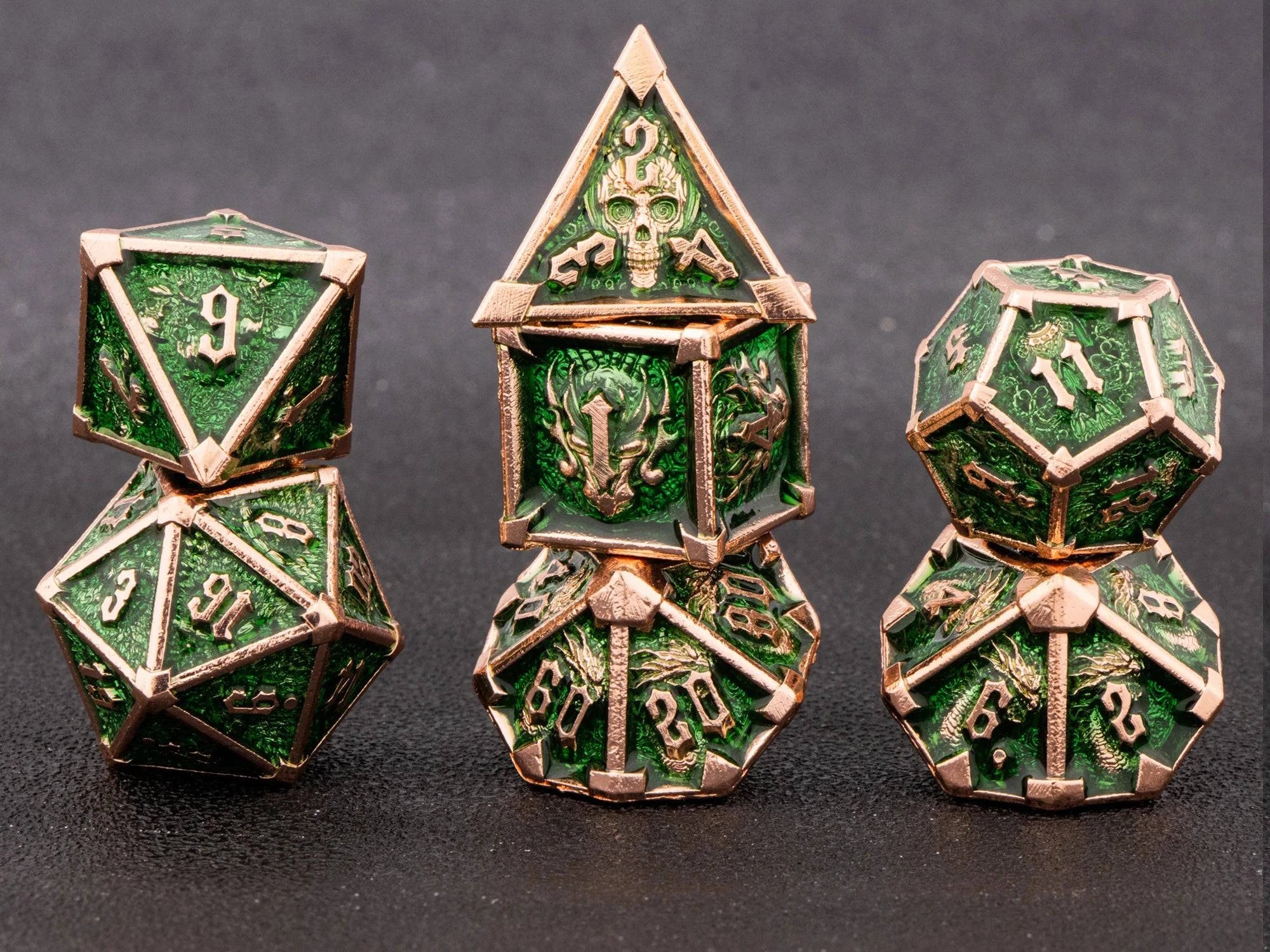 DnD Green Polyhedral Metal Dice Set with Dragon and Skull Designs, Metal D&D Dice for Dungeons and Dragons, d and d dice gifts - The Adventurer's Chest