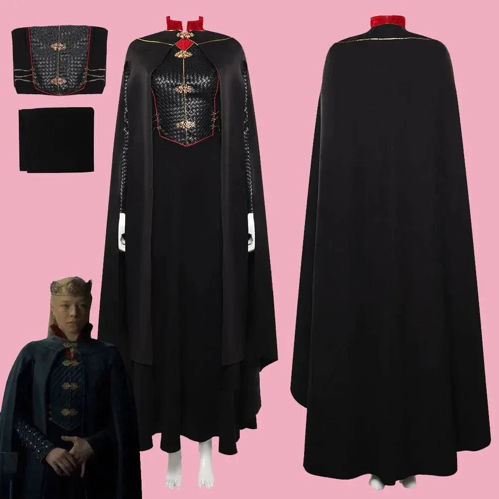 Rhaenyra Targaryen Fantasy Cosplay Costume for Women - Black PU Dress and Cloak for Roleplay and Parties