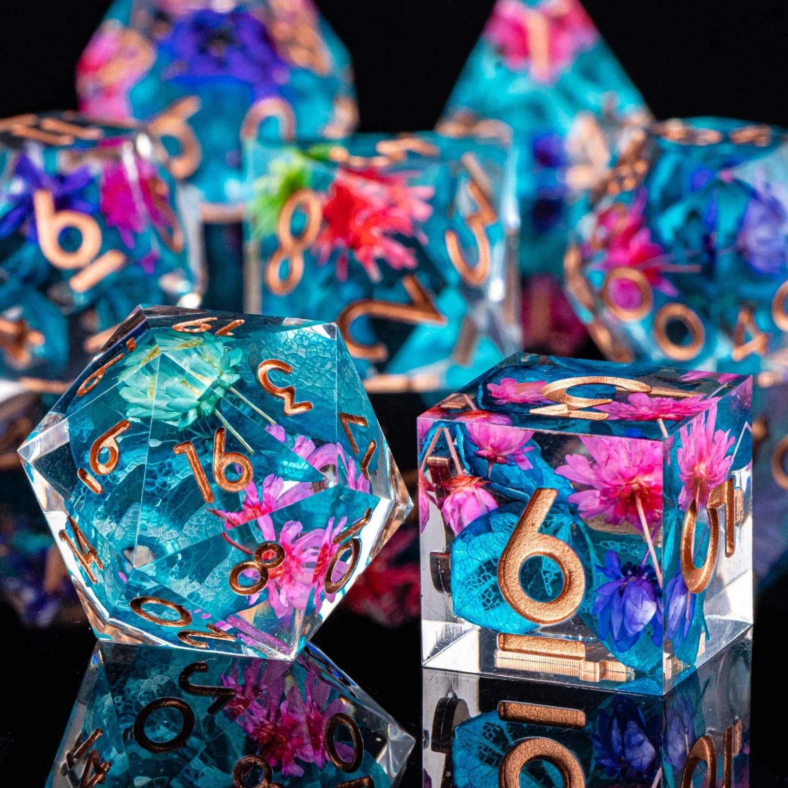 DnD Sharp Egde Flower Resin Dice, Polyhedral Dice Set, Handmade Sharp Edge Dice for Dungeons and Dragons, d and d dice, Dice Set - The Adventurer's Chest