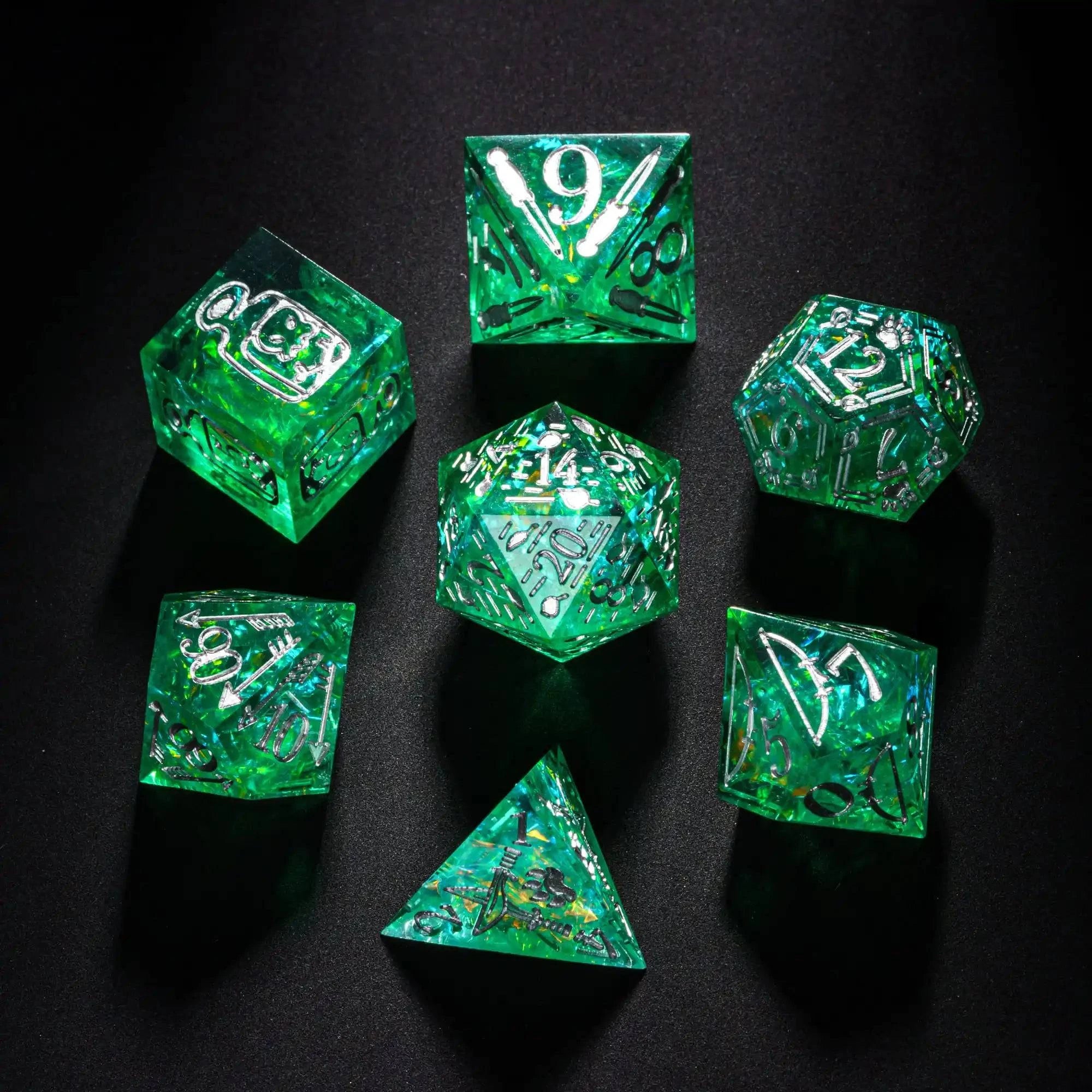 CRITALLIC-Handcrafted Polyhedral Games Dice Set, Sharp Edges, D & D Dice, Ranger Design, Pathfinder Role Playing Game, New, 7Pcs - The Adventurer's Chest