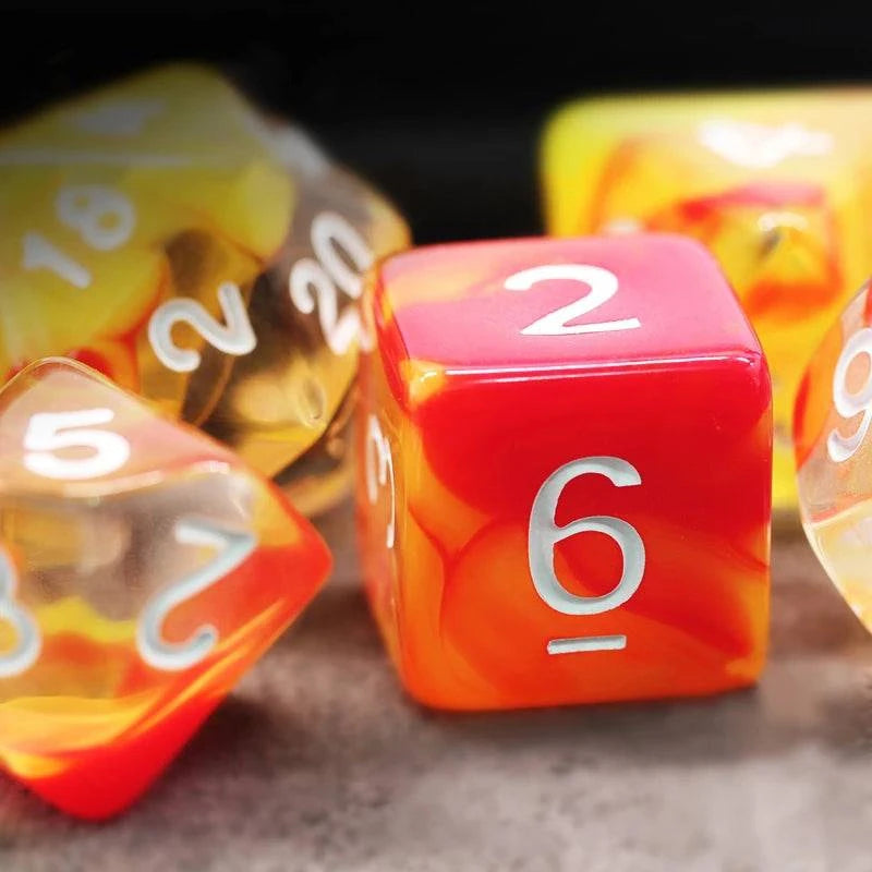 7Pcs/Set Orange and Yellow Transparent Dice D&D COC Dice D4 D6 D8 D10 D% D12 D20 Table Games DND RPG Dice Set - The Adventurer's Chest