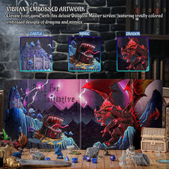 Deluxe Dungeon Master Screen: Vividly Embossed Dragon & Mimic Design, Four-Panel with Pockets for Tabletop RPGs