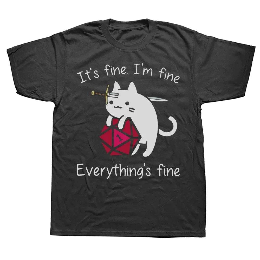 Casual DnD Dragon Dice T-Shirt for Men - 'It's Fine, I'm Fine' Streetwear - The Adventurer's Chest