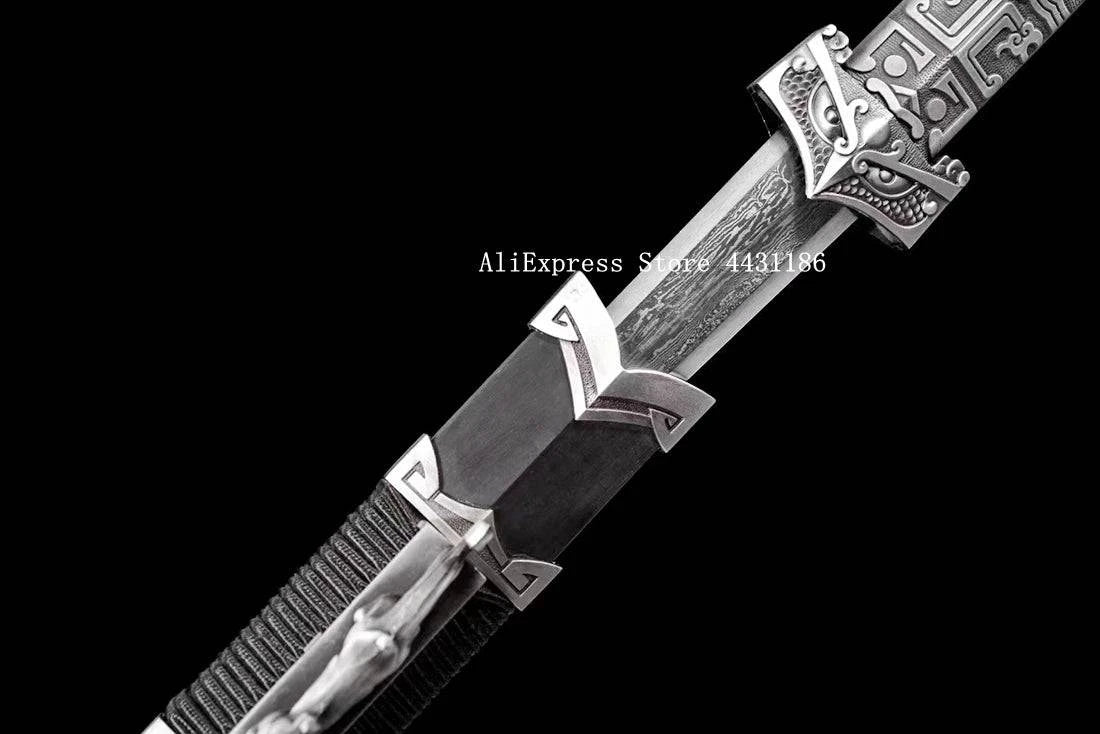 Damascus Steel Short Jian Dagger with Metal Handle and Ebony Wood Sheath - Battle Ready Kung Fu Sword from Han Dynasty