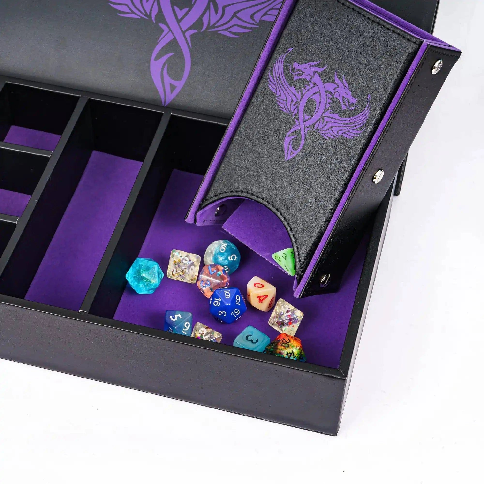 Premium 3-in-1 Dragon Dice Holder: Leather Dice Case, Rolling Tray, and Tower for D&D & RPG Enthusiasts