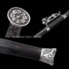 Damascus Steel Short Jian Dagger with Metal Handle and Ebony Wood Sheath - Battle Ready Kung Fu Sword from Han Dynasty