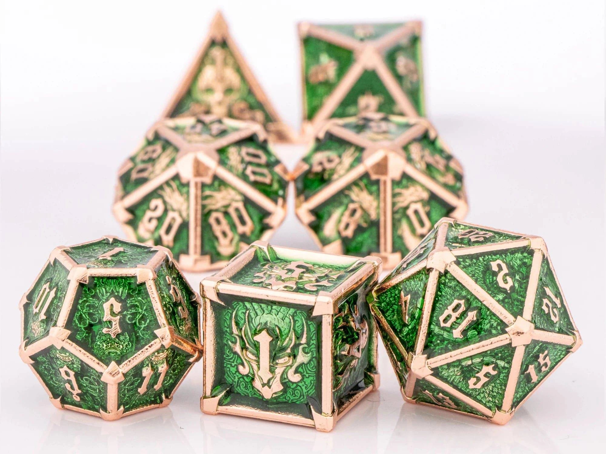 DnD Green Polyhedral Metal Dice Set with Dragon and Skull Designs, Metal D&D Dice for Dungeons and Dragons, d and d dice gifts - The Adventurer's Chest