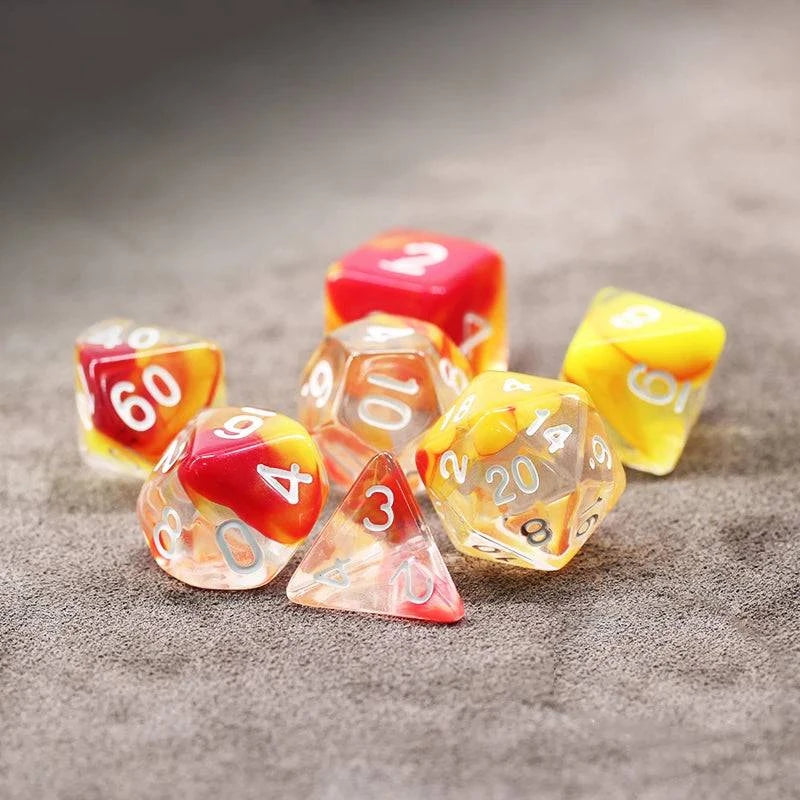 7Pcs/Set Orange and Yellow Transparent Dice D&D COC Dice D4 D6 D8 D10 D% D12 D20 Table Games DND RPG Dice Set - The Adventurer's Chest