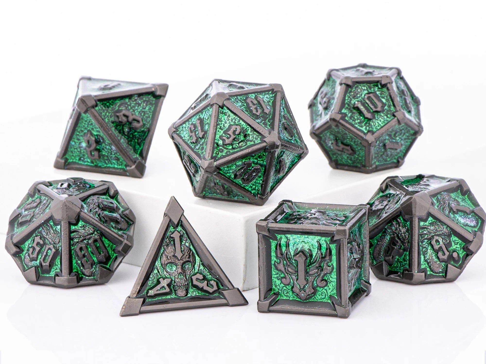 DnD Green Polyhedral Metal Dice Set with Dragon and Skull Designs, Metal D&D Dice for Dungeons and Dragons, d and d dice gifts - The Adventurer's Chest