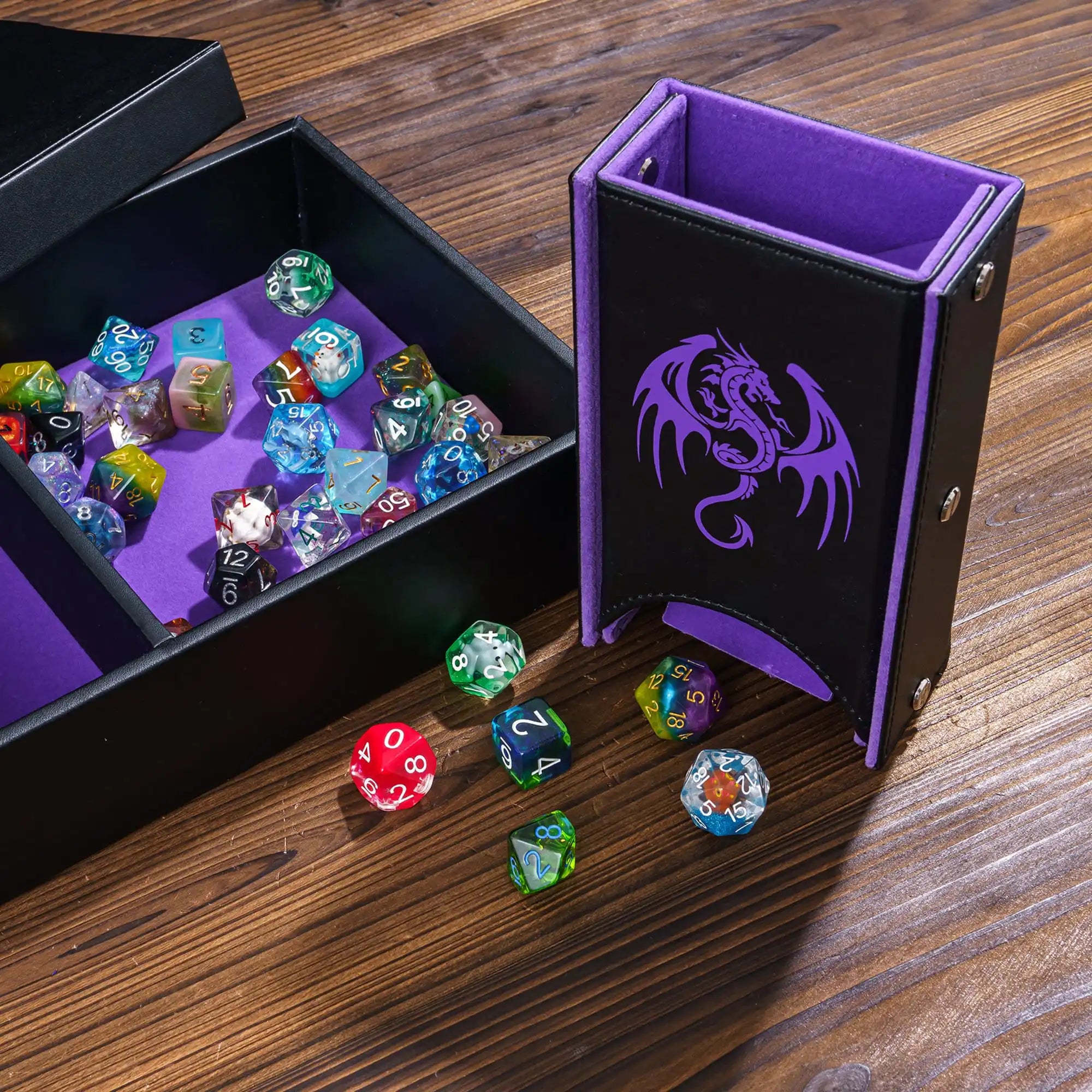 Premium 3-in-1 Dragon Dice Holder: Leather Dice Case, Rolling Tray, and Tower for D&D & RPG Enthusiasts