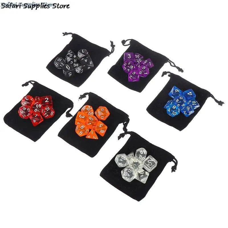 7pcs/set Polyhedral Dice Set with Pouch 6 Colors Numbers of D4 D6 D8 D10 D% D12 D20 for DND RPG Table Games - The Adventurer's Chest