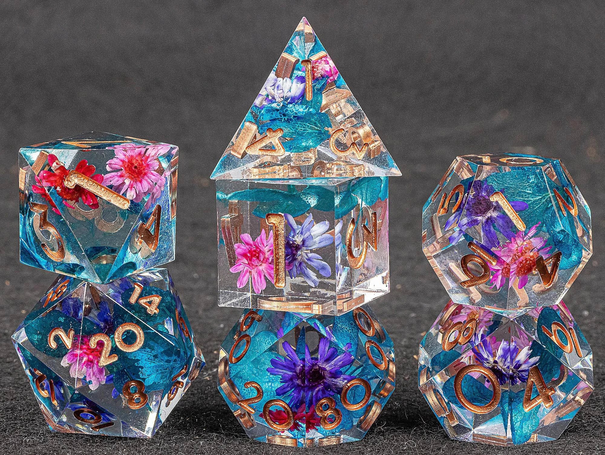 DnD Sharp Egde Flower Resin Dice, Polyhedral Dice Set, Handmade Sharp Edge Dice for Dungeons and Dragons, d and d dice, Dice Set - The Adventurer's Chest