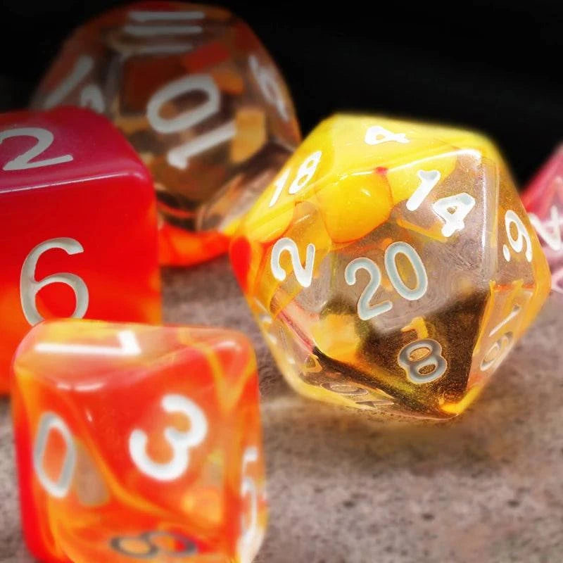 7Pcs/Set Orange and Yellow Transparent Dice D&D COC Dice D4 D6 D8 D10 D% D12 D20 Table Games DND RPG Dice Set - The Adventurer's Chest