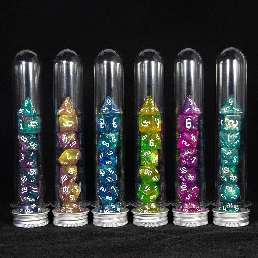 DND Polyhedral Dice Set 7-Pieces Glitter Game Dice with Tube, for D&D RPG Role Playing Table Games - The Adventurer's Chest