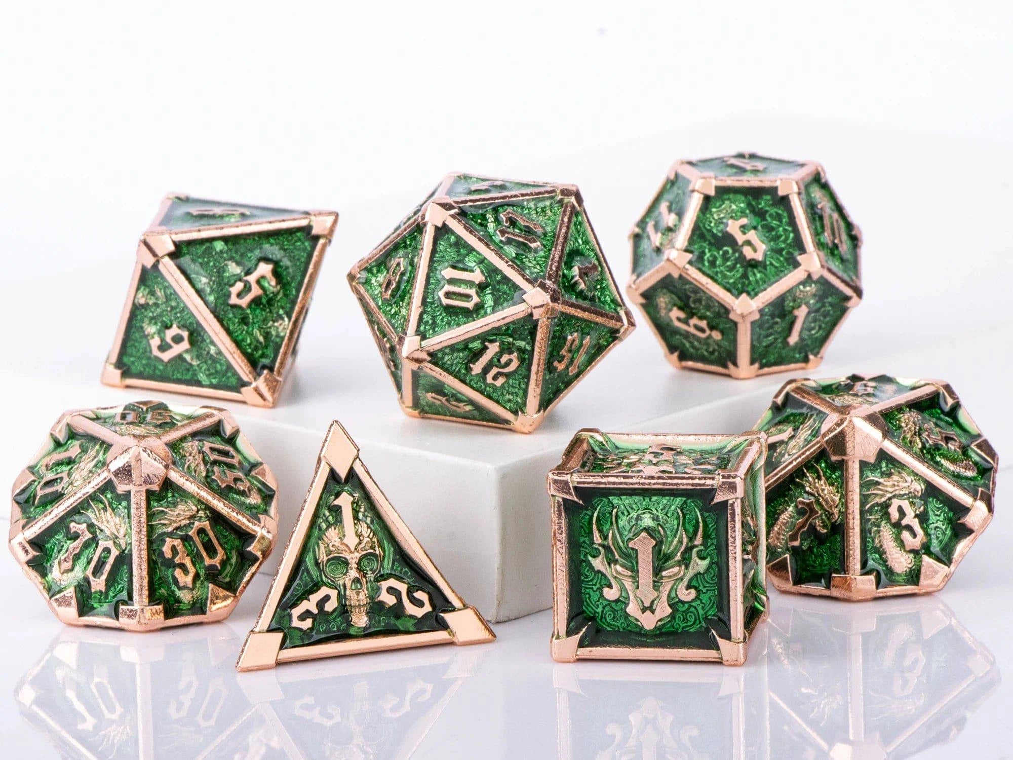 DnD Green Polyhedral Metal Dice Set with Dragon and Skull Designs, Metal D&D Dice for Dungeons and Dragons, d and d dice gifts - The Adventurer's Chest