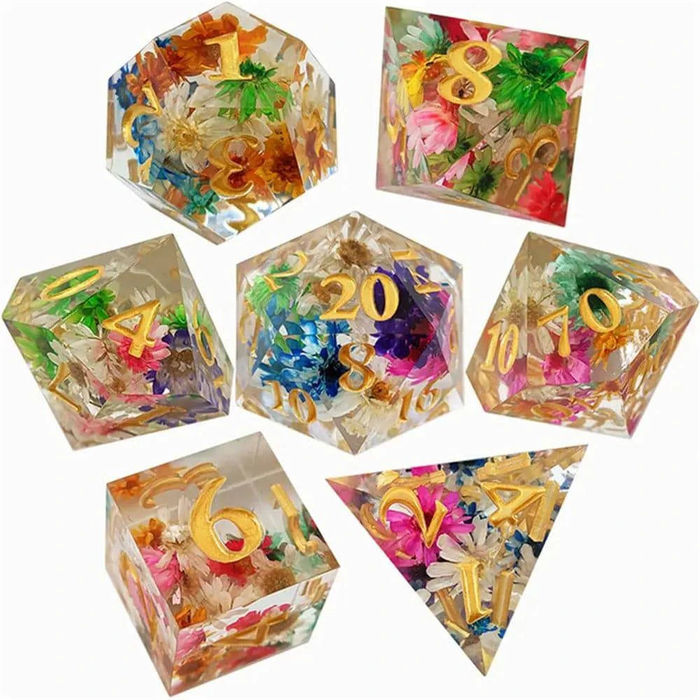 7Pcs Flowers Design Polyhedral Dice Set Transparent Resin Dices Hot Party Table Games Accessories D6 D8 D10 D12 D20 For D&d DND - The Adventurer's Chest