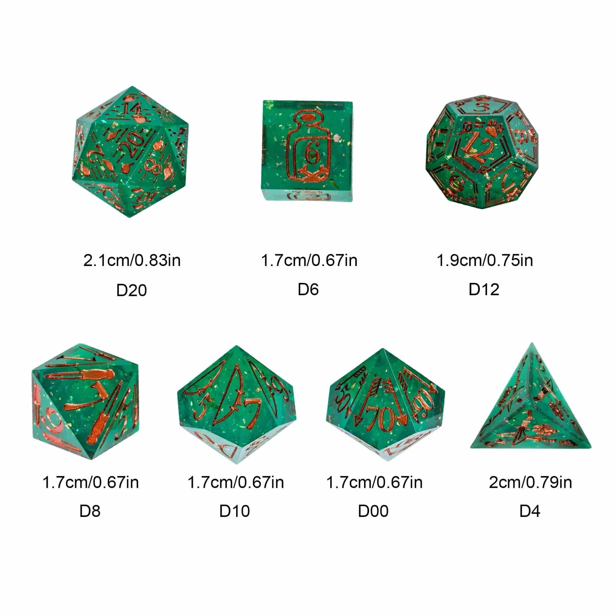 CRITALLIC-Handcrafted Polyhedral Games Dice Set, Sharp Edges, D & D Dice, Ranger Design, Pathfinder Role Playing Game, New, 7Pcs - The Adventurer's Chest