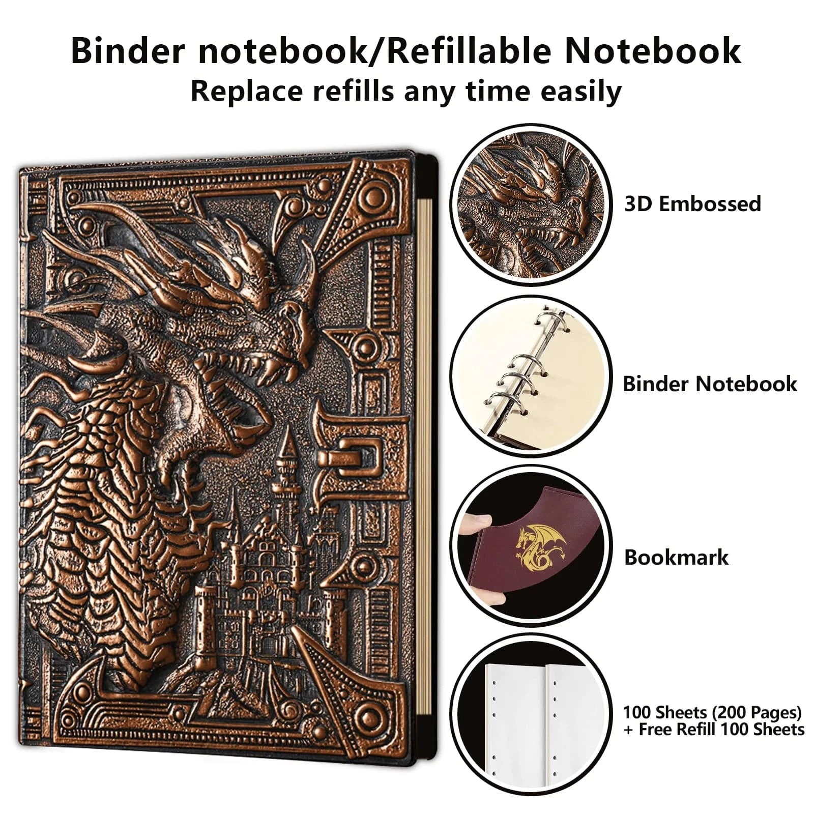 Dungeons & Dragons 400-Page Leather Refillable Journal with 3D Dragon Design and Bookmark for RPG Adventures - The Adventurer's Chest