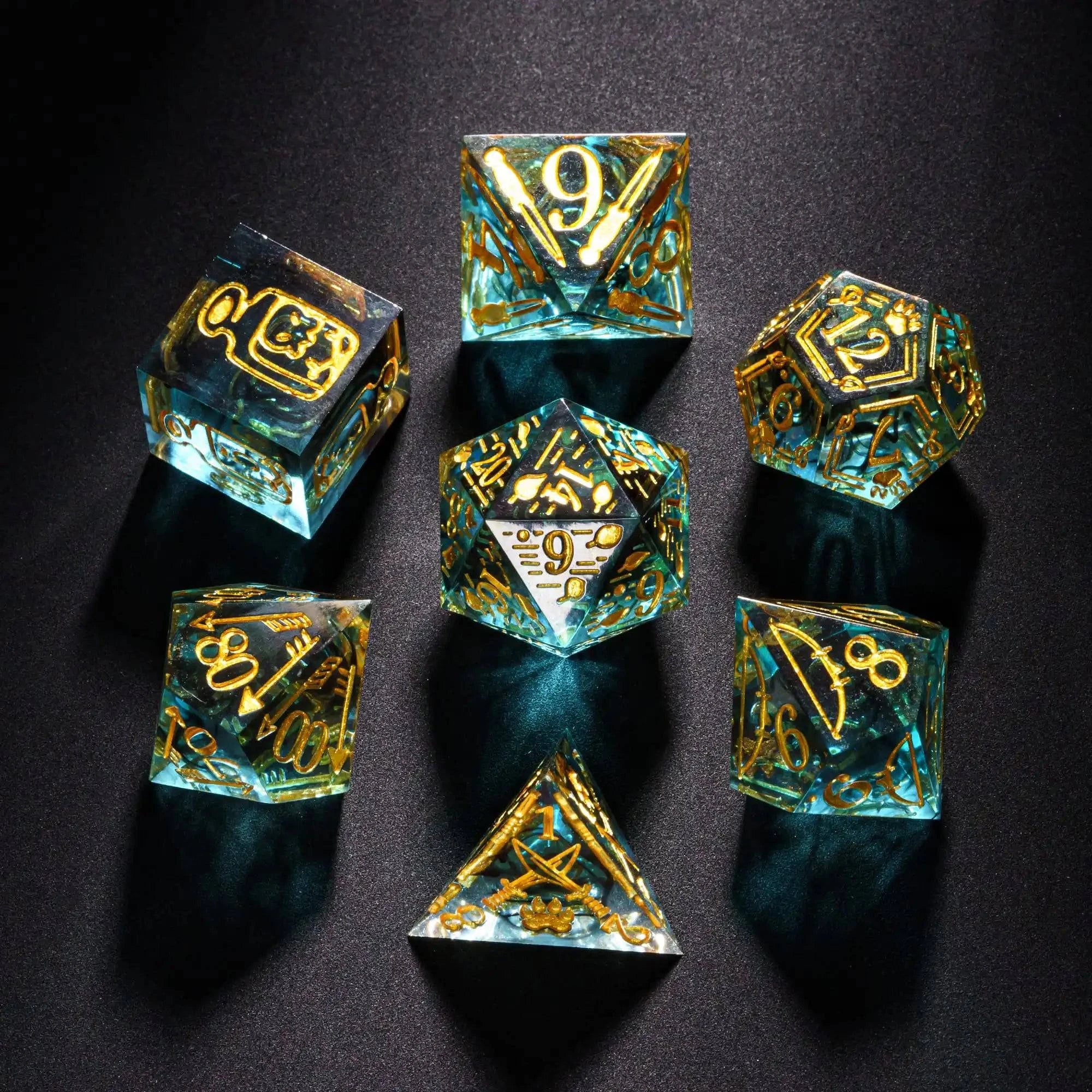 CRITALLIC-Handcrafted Polyhedral Games Dice Set, Sharp Edges, D & D Dice, Ranger Design, Pathfinder Role Playing Game, New, 7Pcs - The Adventurer's Chest