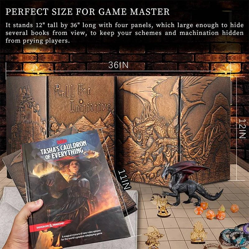 Faux Leather Dungeon Master Screen with Embossed Dragon & Mimic Artistry - Four-Panel DM Screen with Pockets for Dungeons & Dragons