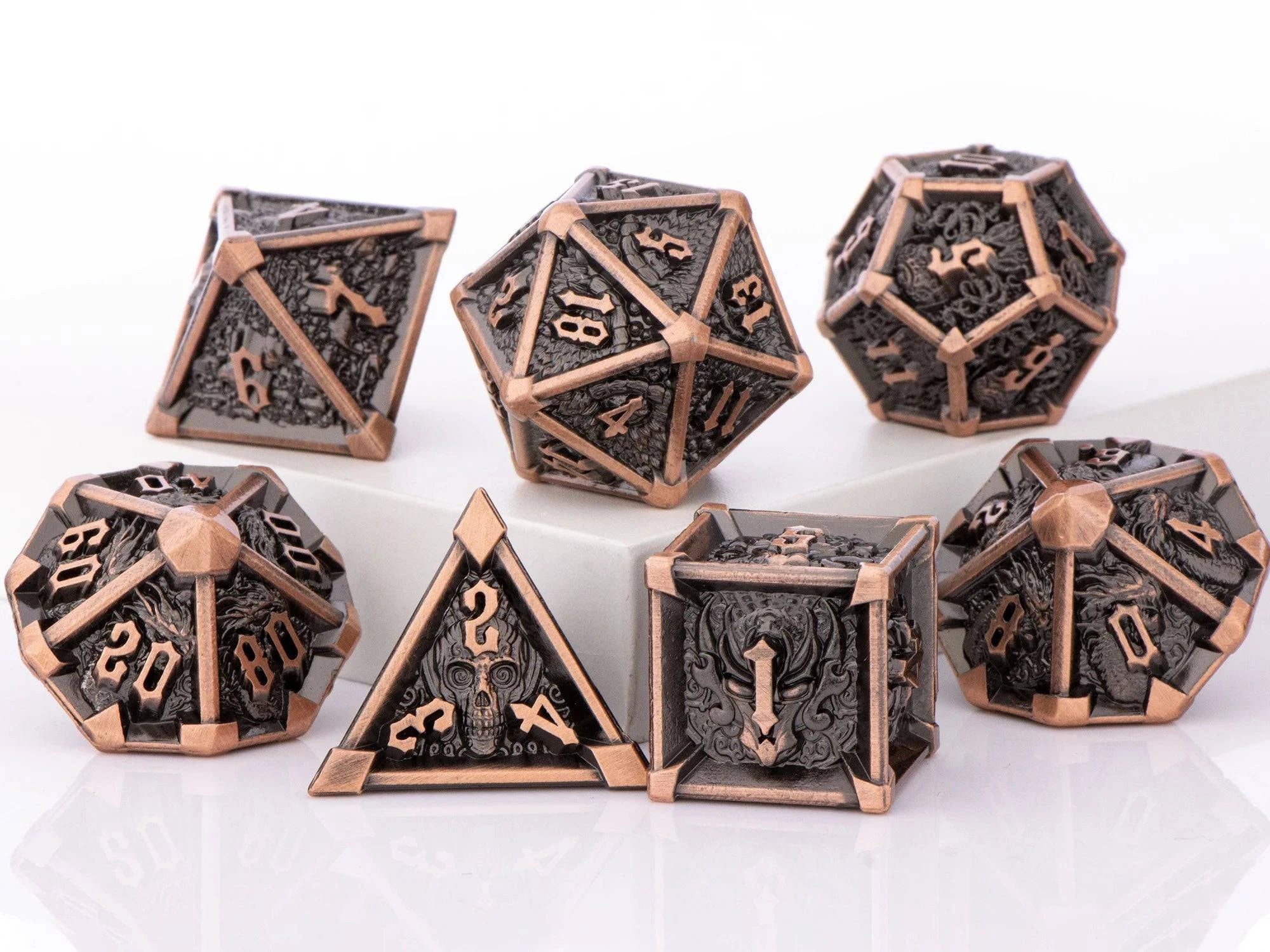 DnD Green Polyhedral Metal Dice Set with Dragon and Skull Designs, Metal D&D Dice for Dungeons and Dragons, d and d dice gifts - The Adventurer's Chest