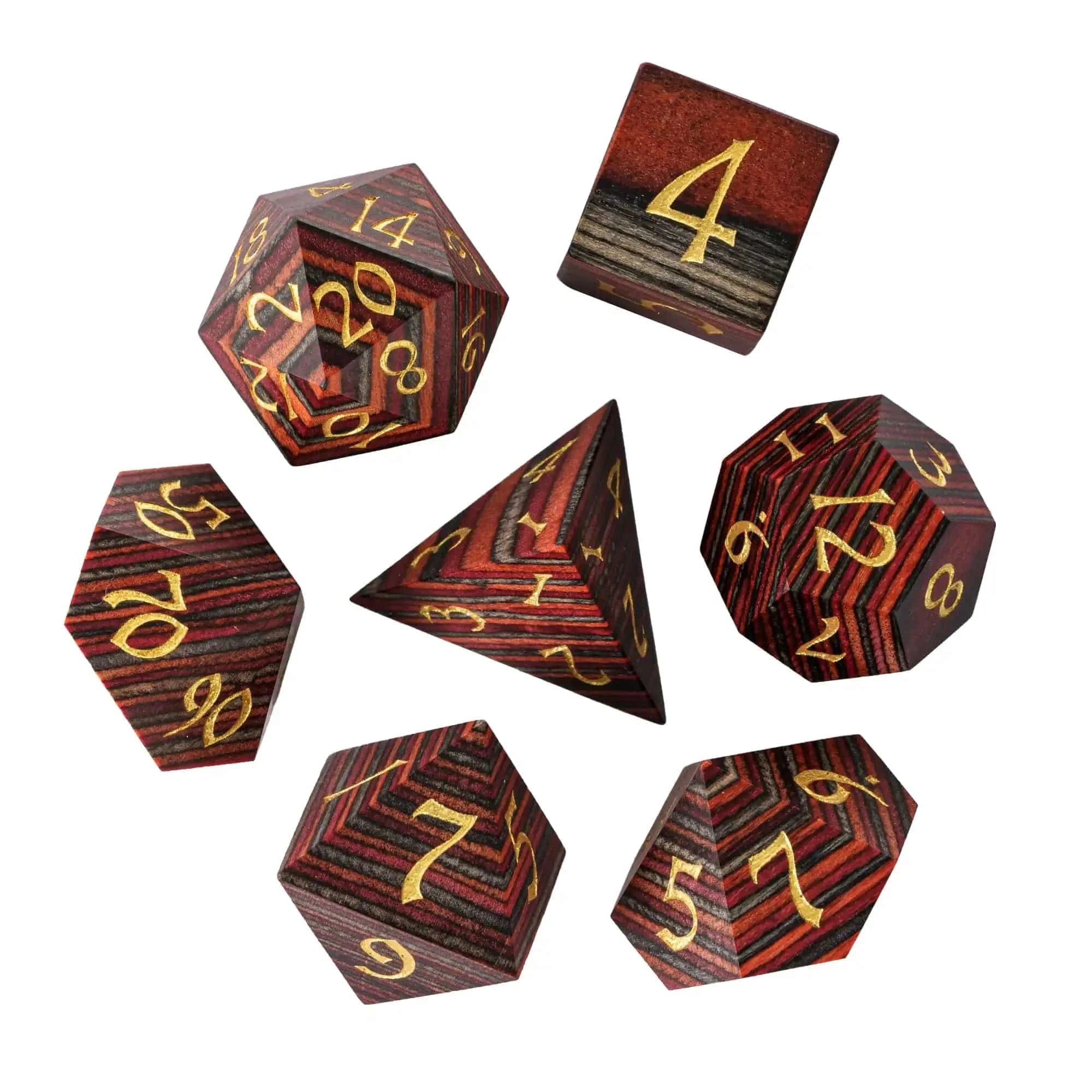 Cusdie DND Wooden Dice Set Unique Stripe D&D Dice 7Pcs D4 D6 D8 D10 D% D12 D20 Polyhedral Games Dice Set for Table Games TRPG - The Adventurer's Chest