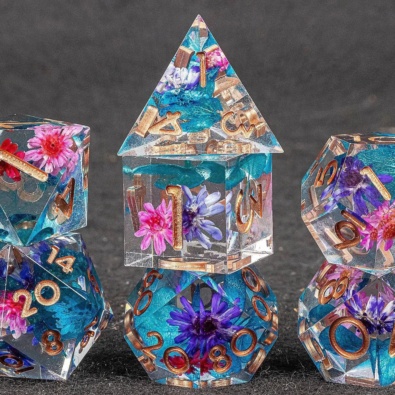 DnD Sharp Egde Flower Resin Dice, Polyhedral Dice Set, Handmade Sharp Edge Dice for Dungeons and Dragons, d and d dice, Dice Set - The Adventurer's Chest