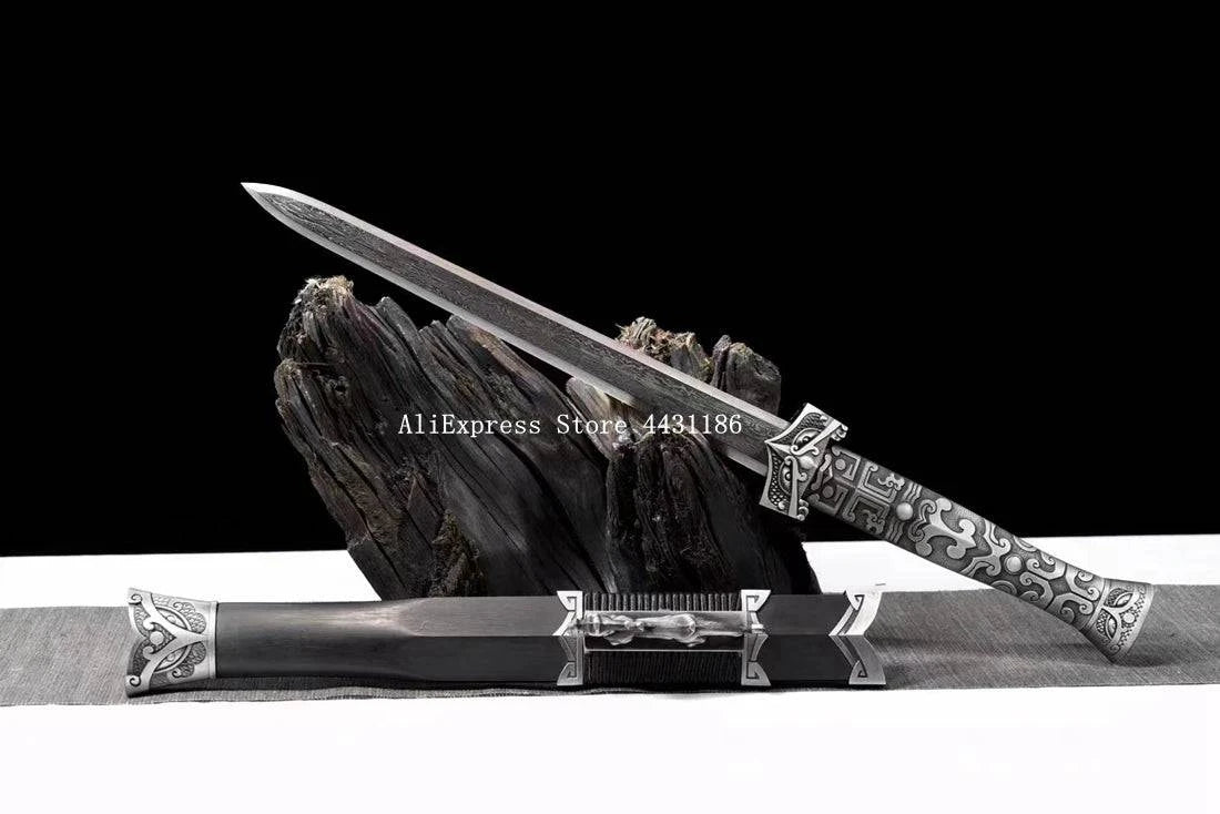 Damascus Steel Short Jian Dagger with Metal Handle and Ebony Wood Sheath - Battle Ready Kung Fu Sword from Han Dynasty