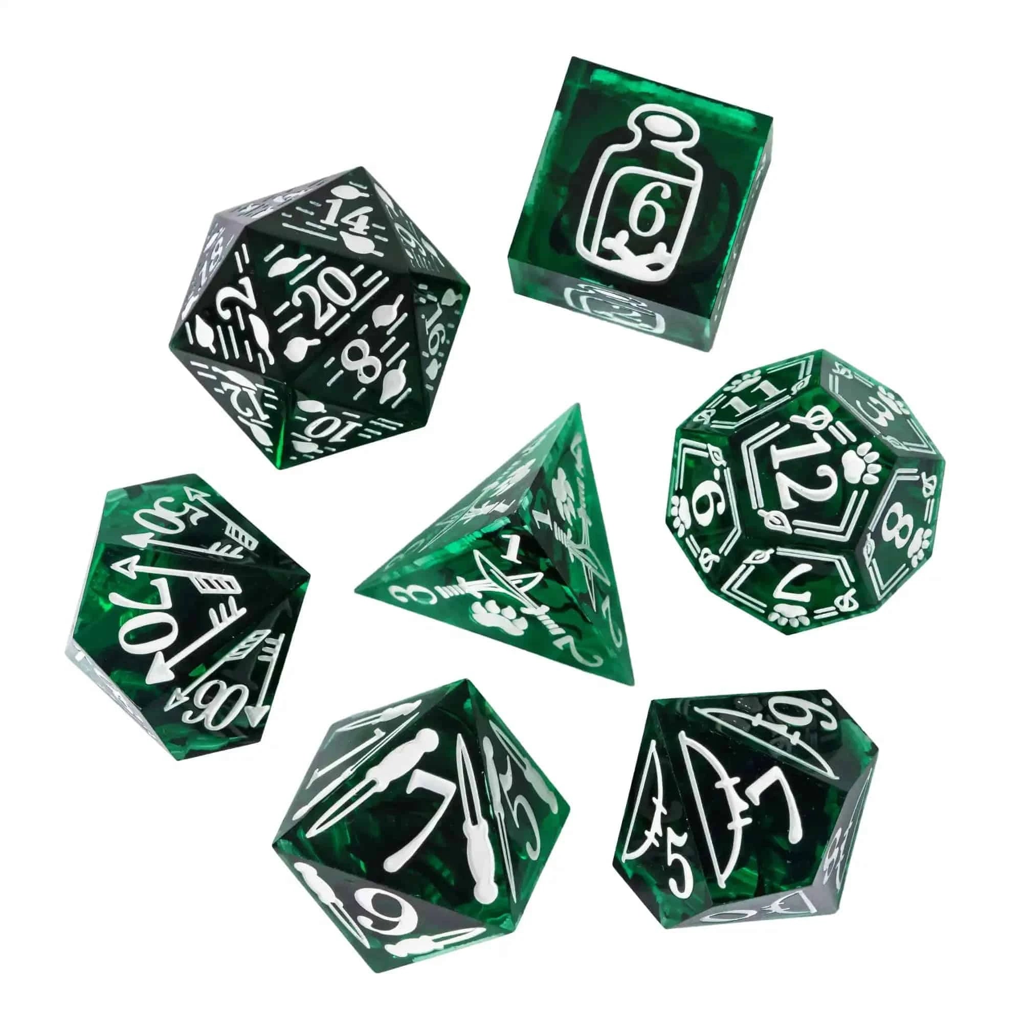 CRITALLIC-Handcrafted Polyhedral Games Dice Set, Sharp Edges, D & D Dice, Ranger Design, Pathfinder Role Playing Game, New, 7Pcs - The Adventurer's Chest