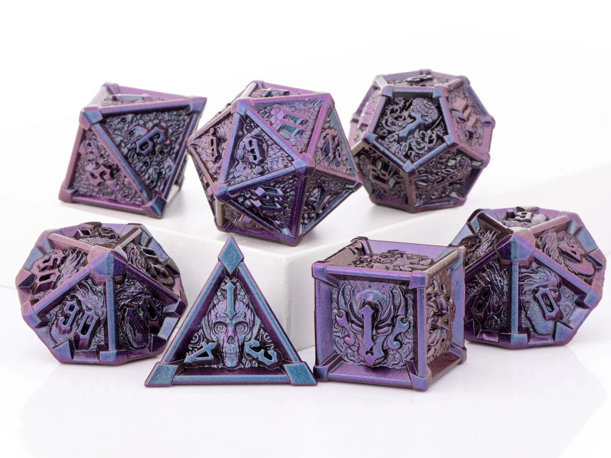 DnD Green Polyhedral Metal Dice Set with Dragon and Skull Designs, Metal D&D Dice for Dungeons and Dragons, d and d dice gifts - The Adventurer's Chest