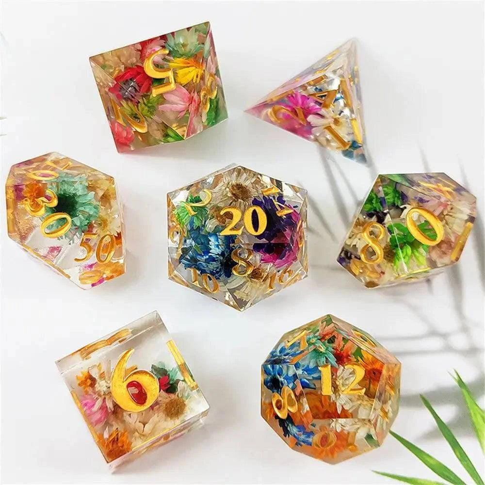 7Pcs Flowers Design Polyhedral Dice Set Transparent Resin Dices Hot Party Table Games Accessories D6 D8 D10 D12 D20 For D&d DND - The Adventurer's Chest