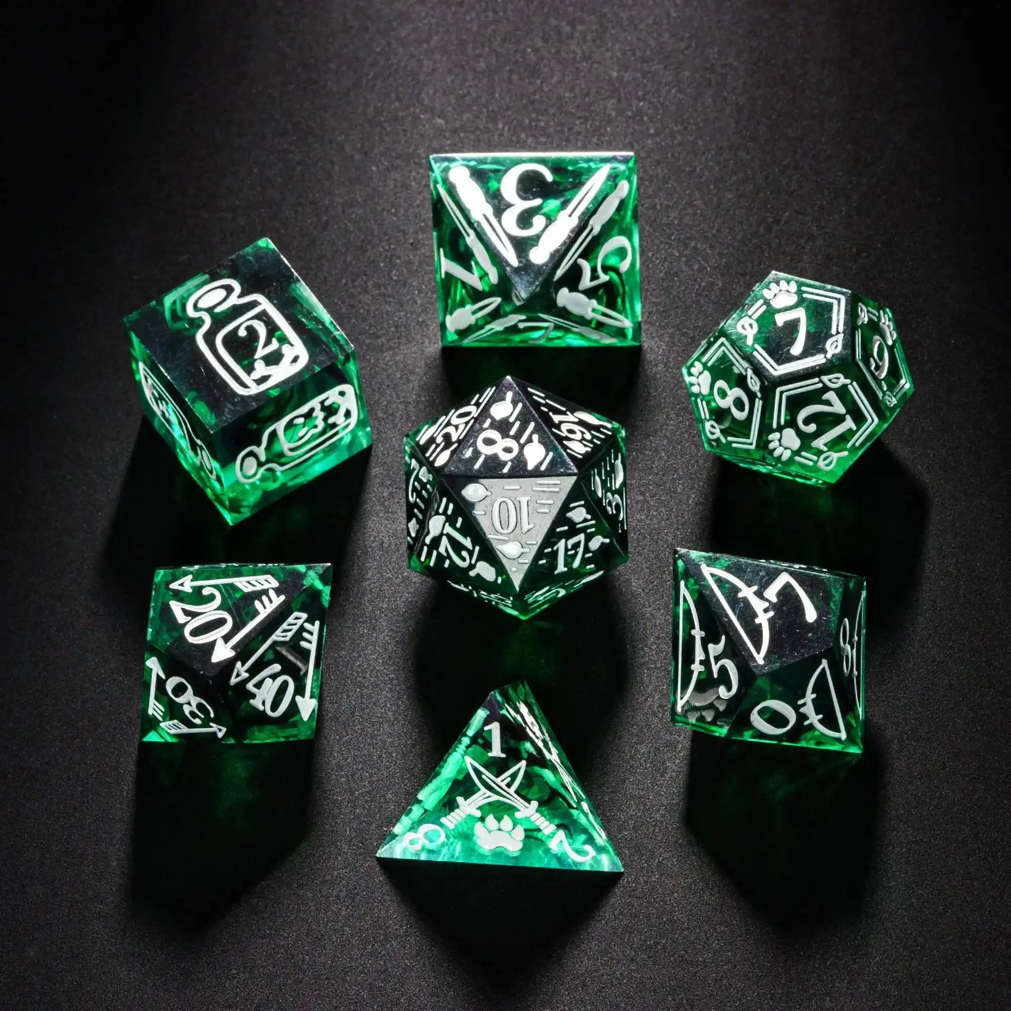 CRITALLIC-Handcrafted Polyhedral Games Dice Set, Sharp Edges, D & D Dice, Ranger Design, Pathfinder Role Playing Game, New, 7Pcs - The Adventurer's Chest