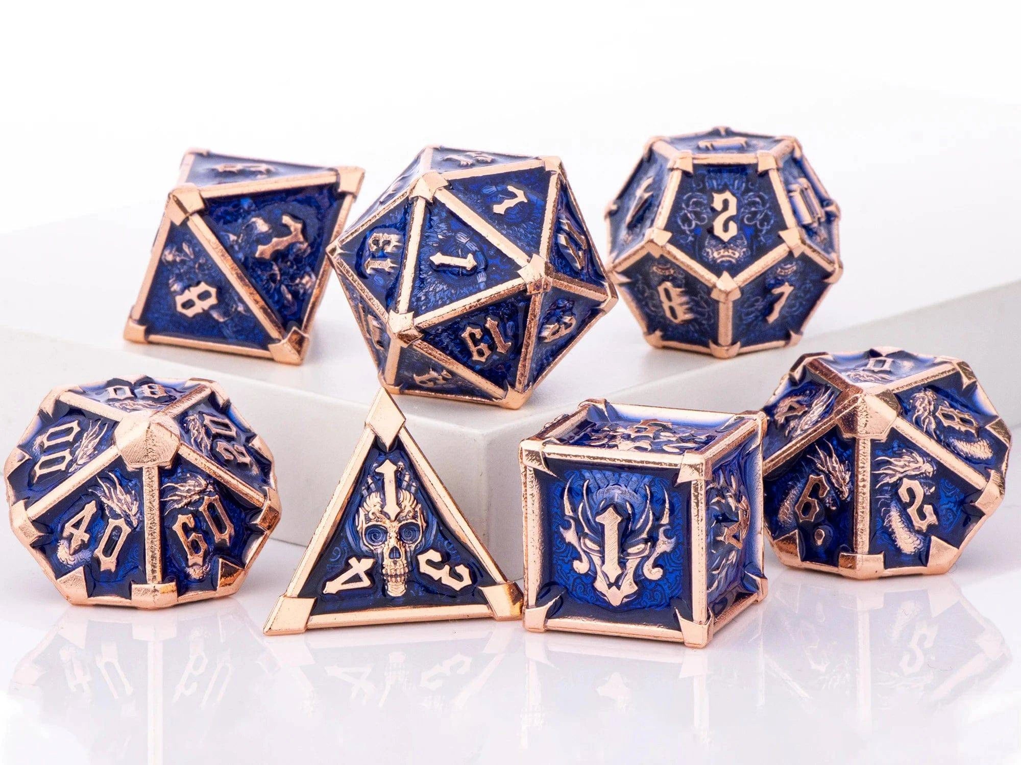 DnD Green Polyhedral Metal Dice Set with Dragon and Skull Designs, Metal D&D Dice for Dungeons and Dragons, d and d dice gifts - The Adventurer's Chest