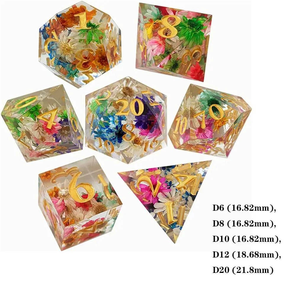 7Pcs Flowers Design Polyhedral Dice Set Transparent Resin Dices Hot Party Table Games Accessories D6 D8 D10 D12 D20 For D&d DND - The Adventurer's Chest