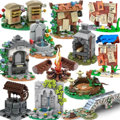 MOC Building Blocks Medieval Town with Bee Farm, Fountain, Bonfire, and Water Wall - Creative Brick Toy Set