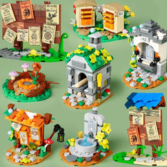 MOC Building Blocks Medieval Town with Bee Farm, Fountain, Bonfire, and Water Wall - Creative Brick Toy Set