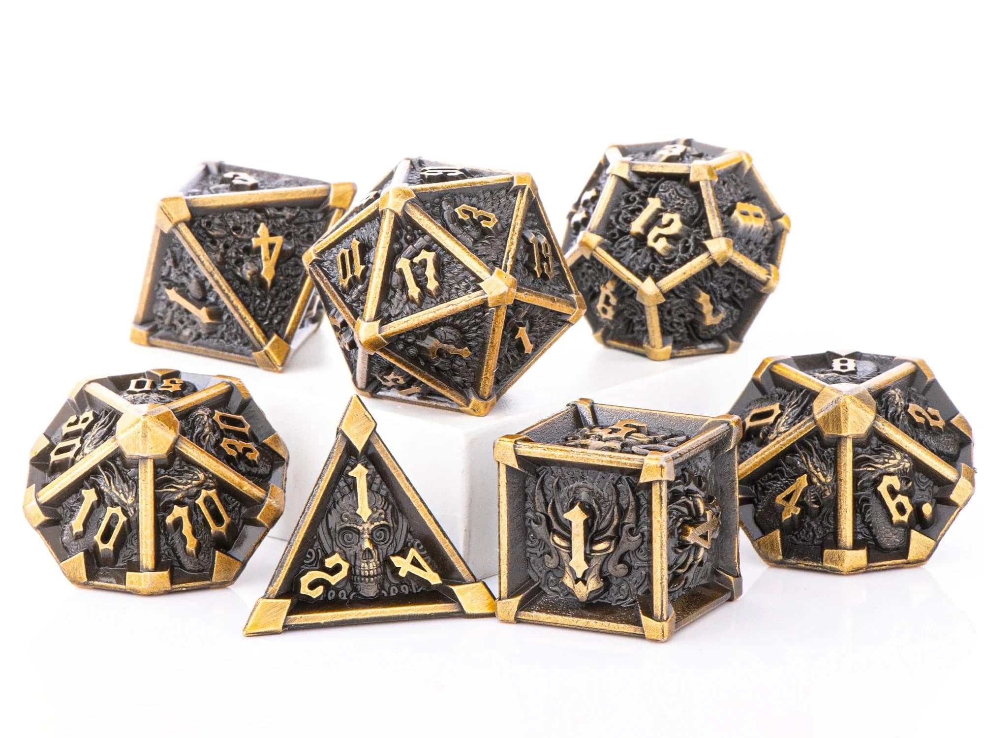 DnD Green Polyhedral Metal Dice Set with Dragon and Skull Designs, Metal D&D Dice for Dungeons and Dragons, d and d dice gifts - The Adventurer's Chest