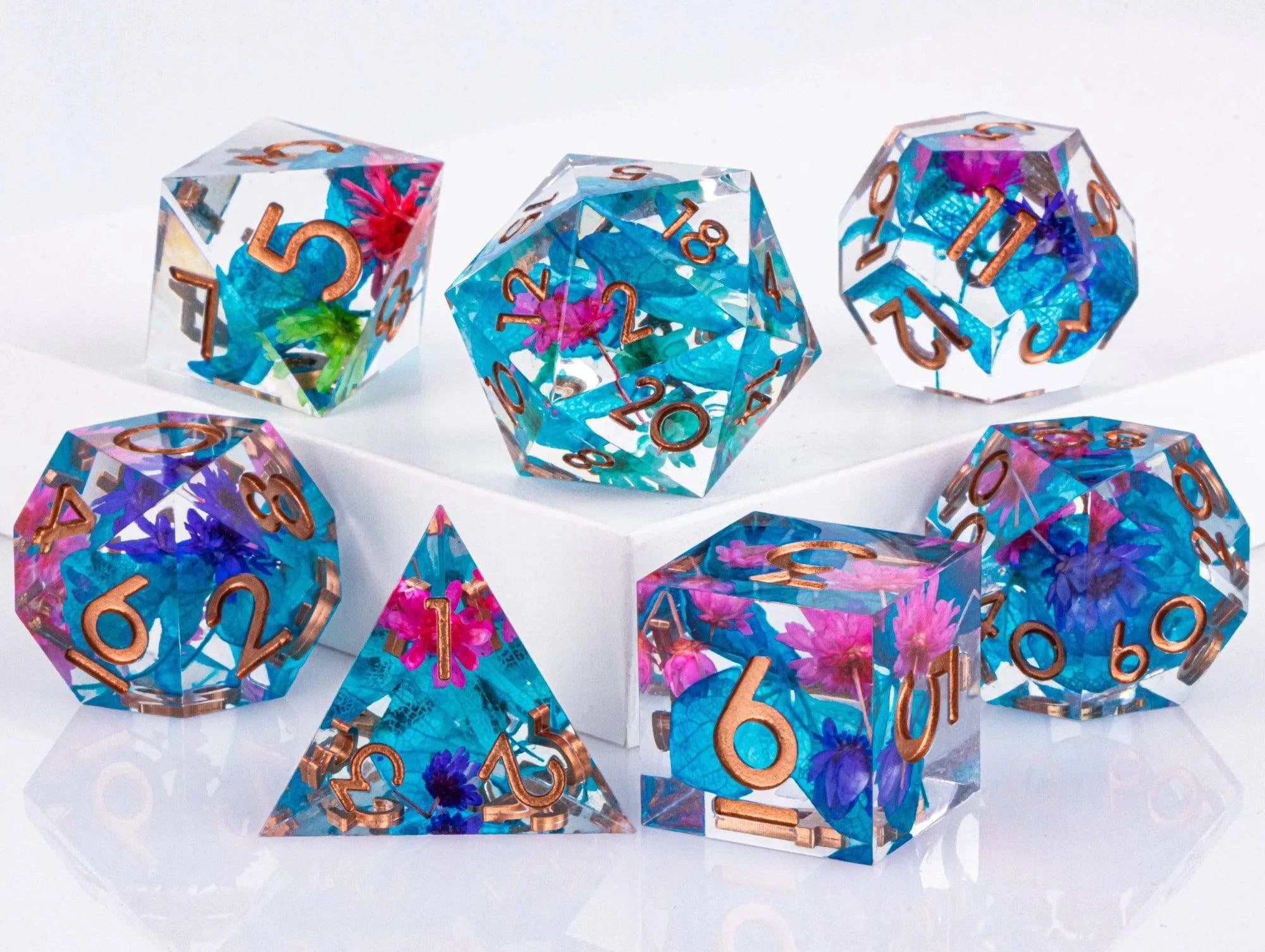 DnD Sharp Egde Flower Resin Dice, Polyhedral Dice Set, Handmade Sharp Edge Dice for Dungeons and Dragons, d and d dice, Dice Set - The Adventurer's Chest